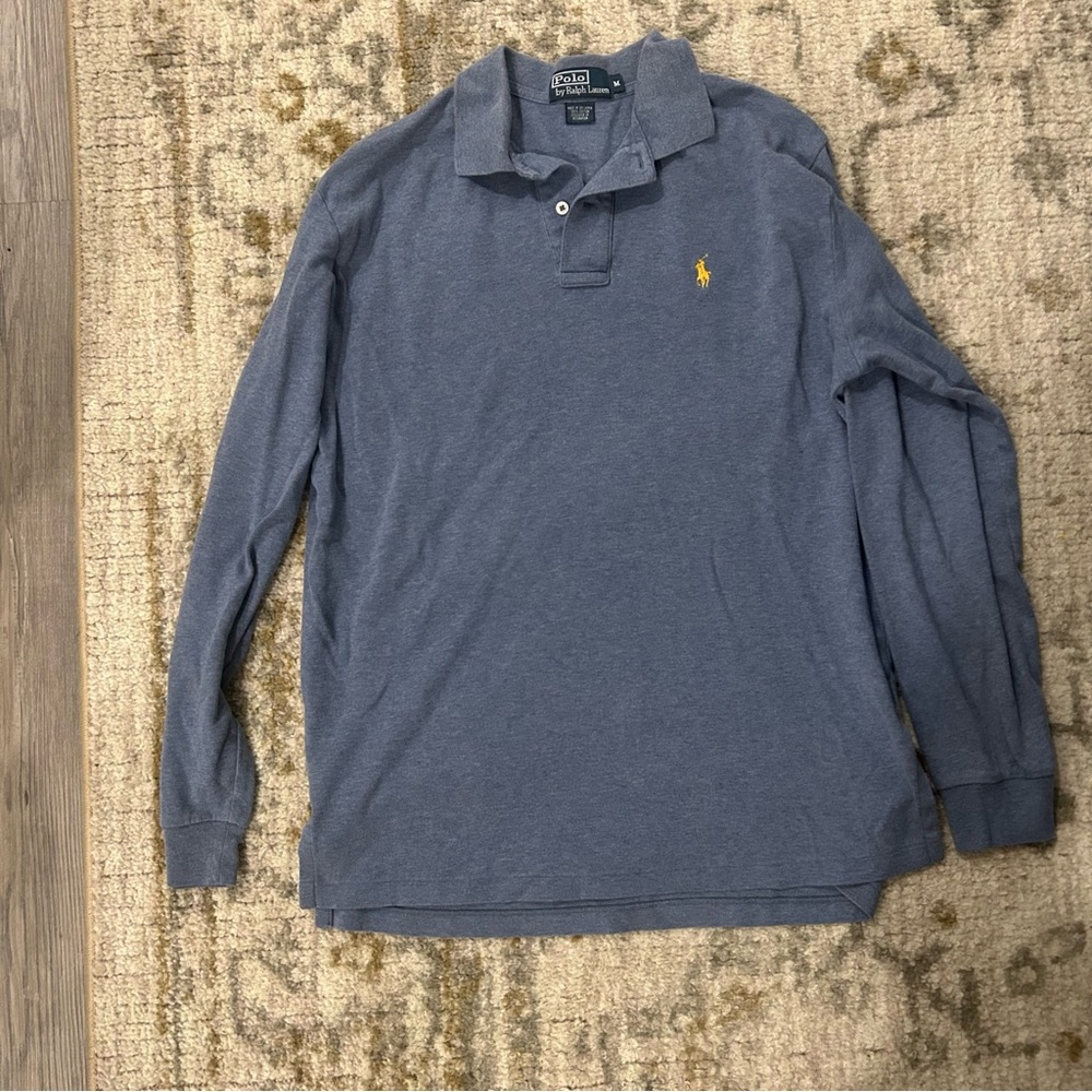 Polo by Ralph Lauren Men's Long Sleeve Polo in Classic Blue With Yellow Accent
